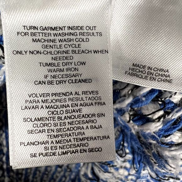 Kasper Sz L Open Cardigan Sweater Cabana Blue White Black Seed Stitch Fringe - Picture 7 of 12